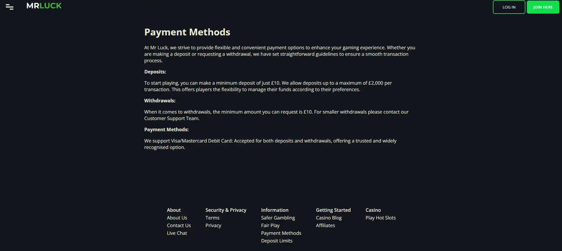Current Mr Luck payment interface