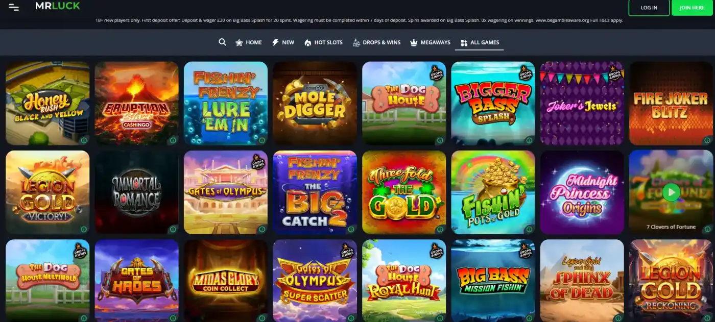 Current Mr Luck all-games lobby showing casino categories
