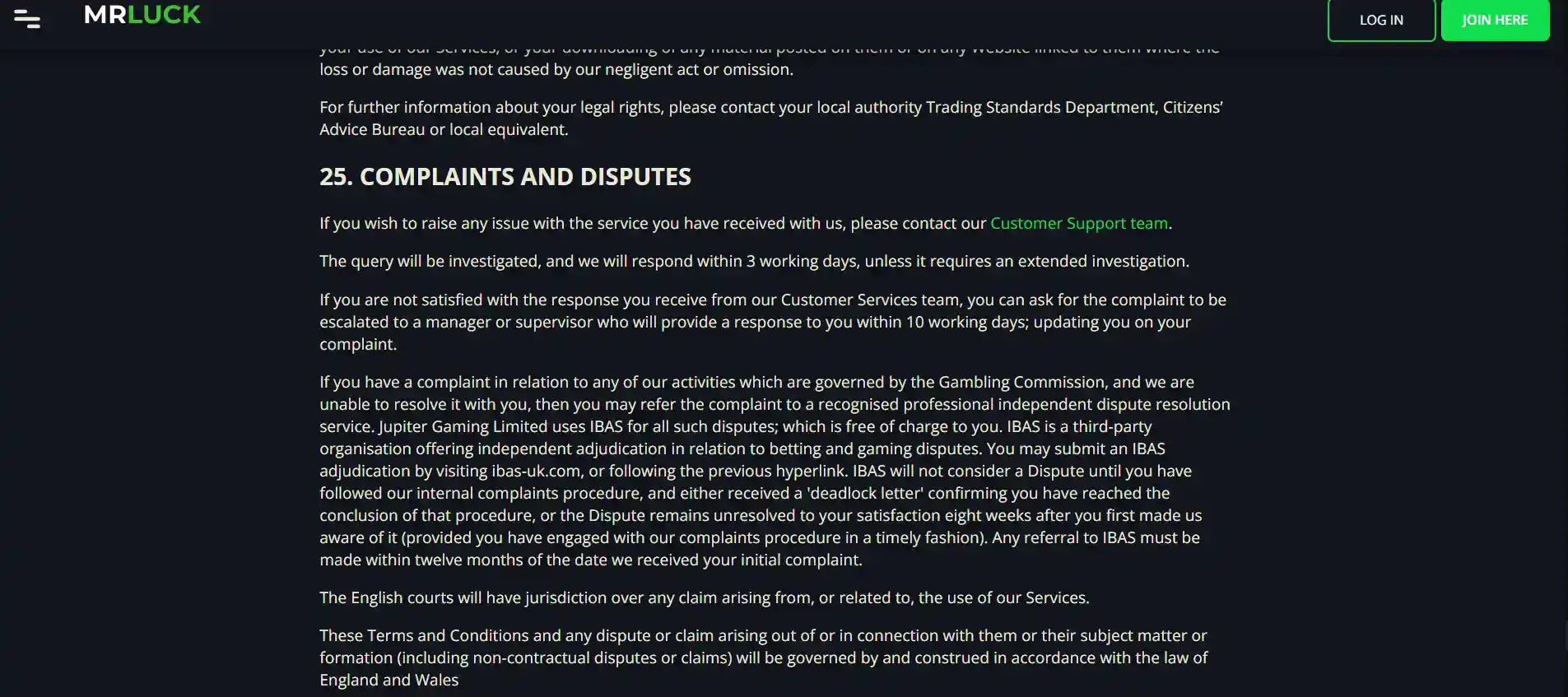 Current Mr Luck Terms complaints and disputes section