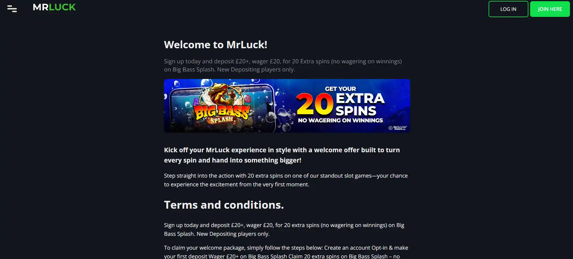 Current Mr Luck casino welcome promotion panel