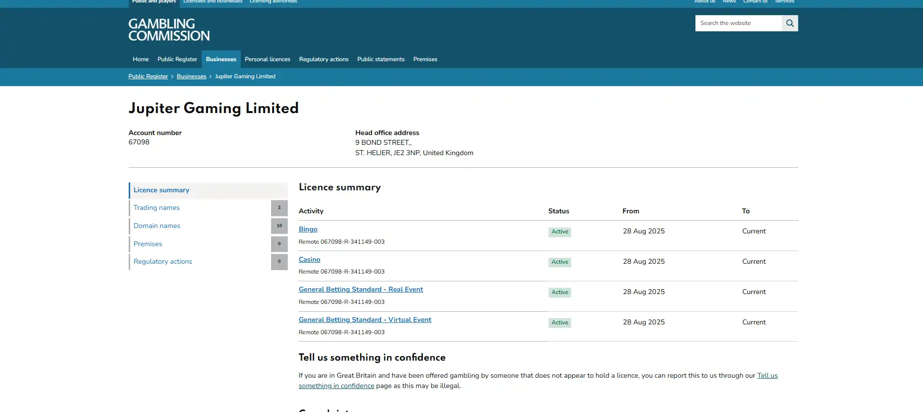 UK Gambling Commission licence summary for Jupiter Gaming Limited